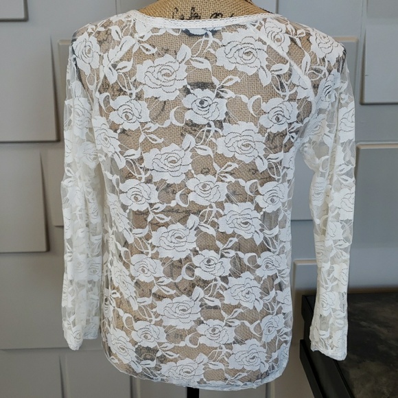 Wallflower top blouse cream white lace sheer long sleeve round neck Size Large - Picture 5 of 5